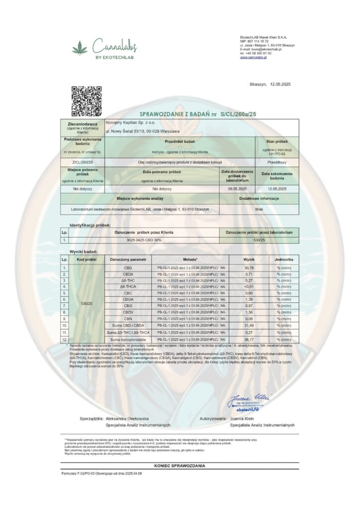 Badanie laboratoryjne dla Konopny Kapitan - CBD30% - kannabinoidy (12.05.2025)