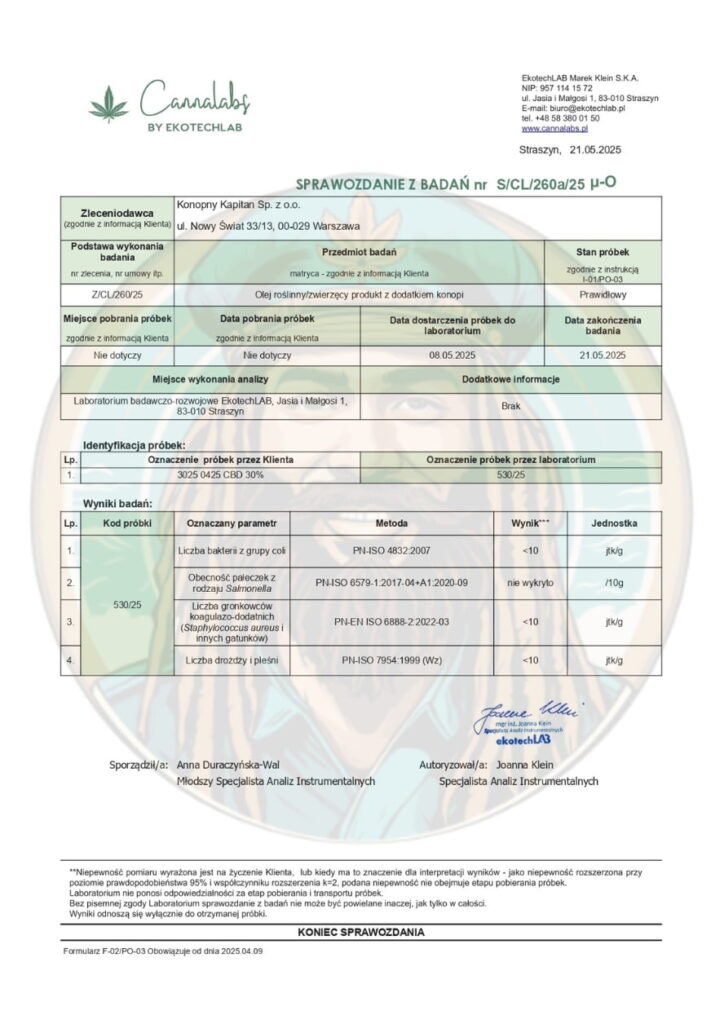 Badanie laboratoryjne dla Konopny Kapitan - CBD30% - mikrobiologia (21.05.2025)
