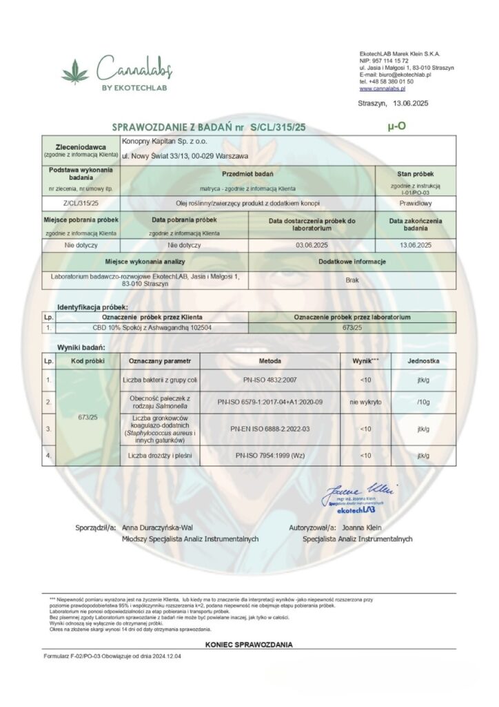 Badanie laboratoryjne dla Konopny Kapitan - CBD10% + Ashwagandha - mikrobiologia (13.06.2025)