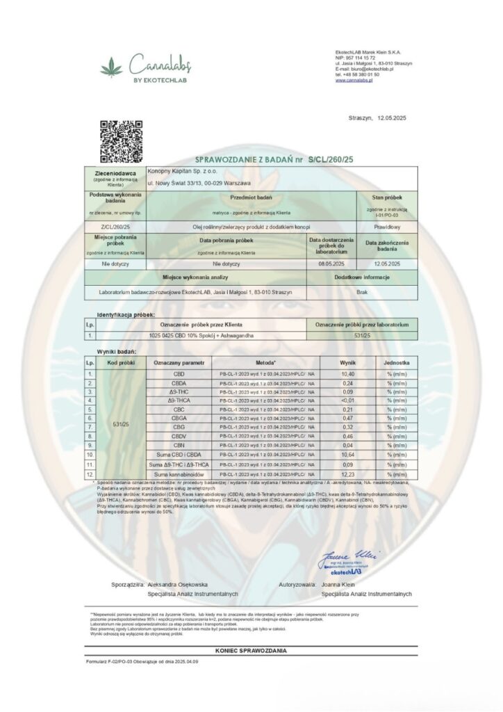 Badanie laboratoryjne dla Konopny Kapitan - CBD10% + Ashwagandha - kannabinoidy (12.05.2025)